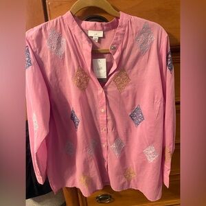 J. Jill Top Womens MEDIUM  Petite Pink Embroidered tunic Button Front Boho - NWT